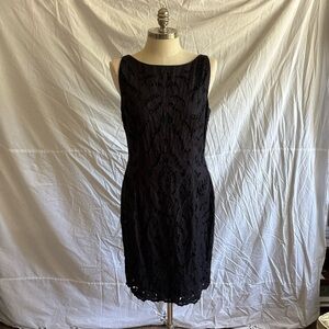 Chetta B Black Sheath Linen Lace Midi Dress